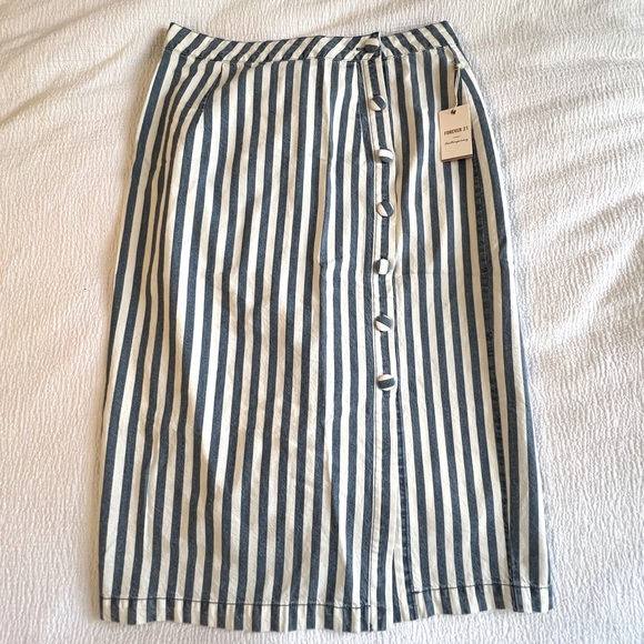 Blue and White Button-Down Midi Skirt - Picture 1 of 8